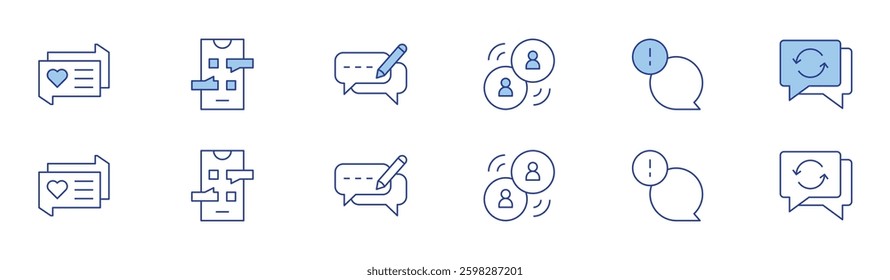 Chat icon set in two styles, Duotone and Thin Line style. Editable stroke. Heart Message, Mobile Chat Flow, Editable Chat, User Interaction.