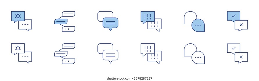 Chat icon set in two styles, Duotone and Thin Line style. Editable stroke. chat. Highlighted Chat, Threaded Conversation, Chat Bubble, Alert Messages.