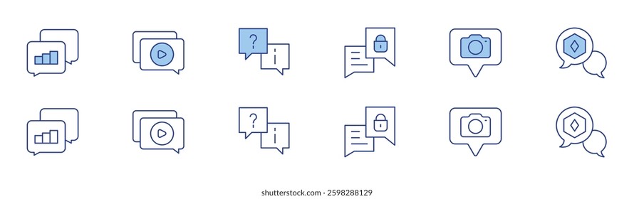 Chat icon set in two styles, Duotone and Thin Line style. Editable stroke. Analytics Chat, Video Chat, Question and Info Chat, Secure Message, Photo Sharing, Verified.