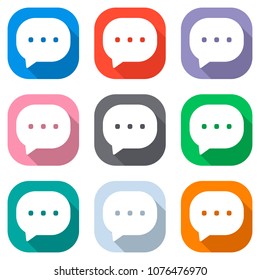 chat icon. Set of white icons on colored squares for application