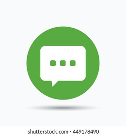 Chat icon. Speech bubble symbol. Flat web button with icon on white background. Green round pressbutton with shadow. Vector