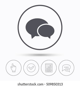 Chat icon. Speech bubble symbol. Chat speech bubbles. Check tick, report chart and hand click. Linear icons. Vector