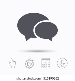Chat icon. Speech bubble symbol. Stopwatch timer. Hand click, report chart and download arrow. Linear icons. Vector