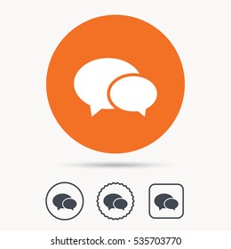 Chat icon. Speech bubble symbol. Orange circle button with web icon. Star and square design. Vector