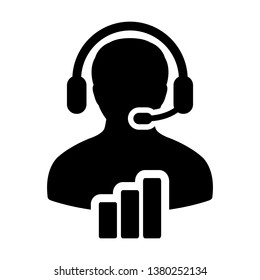 Chat icon vector male customer care support data service person profile avatar with headphone and bar graph for online assistant in glyph pictogram illustration