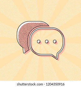 chat icon. Vintage retro typography with offset printing effect. Dots poster with comics pop art background