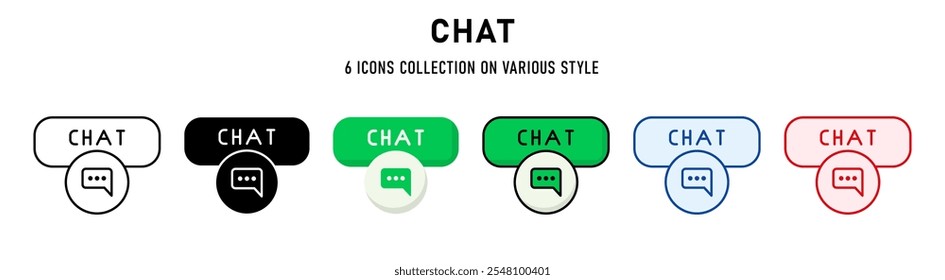 Colección de iconos de chat. 6 Varios estilos. Concepto de Botones de Web. Gráficos de signos, símbolos, presentaciones, elementos, infografías o Web. Ilustración vectorial.