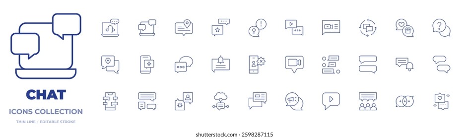 Chat icons collection. Thin Line icons, editable stroke. video chat, live chat, chat, notification bell, speech bubble, conversation, help, cloud.