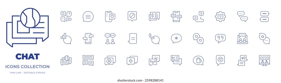 Chat icons collection. Thin Line icons, editable stroke. opinions, weather, conversation, online, chatting, video, chat bubble.