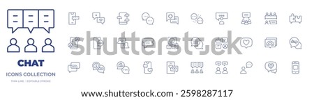Chat icons collection. Thin Line icons, editable stroke. viral, discussion, analytics, speaker, message, chat, like, speech bubble, meeting.