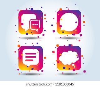 Chat icons. Comic speech bubble signs. Communication think symbol. Colour gradient square buttons. Flat design concept. Vector