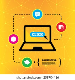 Chat icons. Comic speech bubble signs. Communication think symbol. Notebook device orange background with icons. Vector