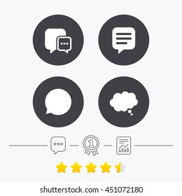 Chat icons. Comic speech bubble signs. Communication think symbol. Chat, award medal and report linear icons. Star vote ranking. Vector