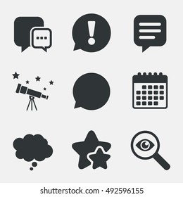 Chat icons. Comic speech bubble signs. Communication think symbol. Attention, investigate and stars icons. Telescope and calendar signs. Vector