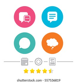 Chat icons. Comic speech bubble signs. Communication think symbol. Calendar, cogwheel and report linear icons. Star vote ranking. Vector