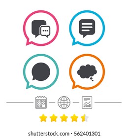 Chat icons. Comic speech bubble signs. Communication think symbol. Calendar, internet globe and report linear icons. Star vote ranking. Vector