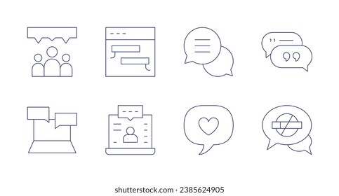 Iconos de conversación. Trazo editable. Conteniendo chat grupal, chat en línea, chat, transmisión en vivo, burbuja de discursos, conversación.