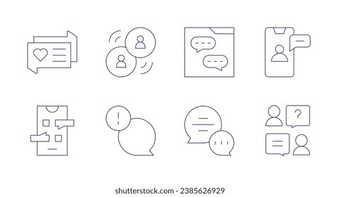 Iconos de conversación. Trazo editable. Conteniendo chats de burbujas, tiempo de contacto, entrevista de trabajo.