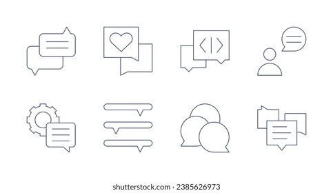 Chat-Symbole. Bearbeitbarer Strich. Mit Chat, Chat-Blase, Rezension, Einstellungen.