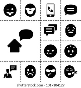 Chat icons. set of 13 editable filled chat icons such as crying emot, emoji showing tongue, sweating emot, home message