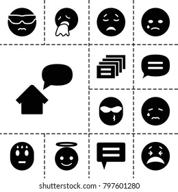 Chat icons. set of 13 editable filled chat icons such as crying emot, cool emot in sunglasses, emoji angel, message, chat