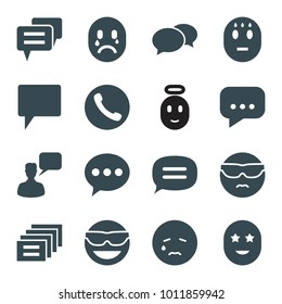 Chat icons. set of 16 editable filled chat icons such as chat, chatting man, emot in sun glasses, crying emot, message, call, emoji angel