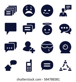 chat icons set. Set of 16 chat filled icons such as phone, crying emot, cool emot in sunglasses, emoji angel, add friend, web camera, home message, communication