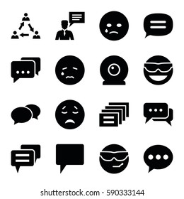 chat icons set. Set of 16 chat filled icons such as emot in sun glasses, crying emot, cool emot in sunglasses, web camera, communication