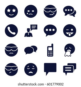 chat icons set. Set of 16 chat filled icons such as phone, crying emot, cool emot in sunglasses, emoji showing tongue, vomiting emot, happe emoji with star eyes