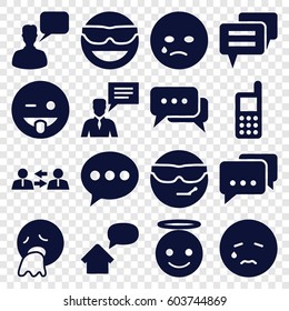 Chat icons set. set of 16 chat filled icons such as phone, chatting man, emot in sun glasses, crying emot, emoji showing tongue, emoji angel, home message, communication