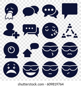 Chat icons set. set of 16 chat filled icons such as chat, emot in sun glasses, crying emot, add friend, web camera, home message