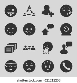 Chat icons set. set of 16 chat filled icons such as chatting man, crying emot, cool emot in sunglasses, emoji showing tongue, add friend, web camera, home message