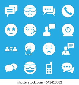 Chat icons set. set of 16 chat filled icons such as chat, phone, emot in sun glasses, crying emot, happe emoji with star eyes, web camera, communication