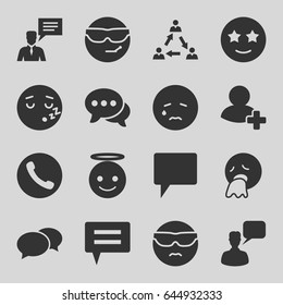 Chat icons set. set of 16 chat filled icons such as chat, crying emot, cool emot in sunglasses, emoji angel, happe emoji with star eyes, add friend, communication