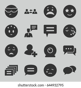 Chat icons set. set of 16 chat filled icons such as crying emot, cool emot in sunglasses, happe emoji with star eyes, add friend, web camera, communication