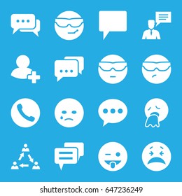 Chat icons set. set of 16 chat filled icons such as crying emot, cool emot in sunglasses, emoji showing tongue, vomiting emot, add friend, communication, message