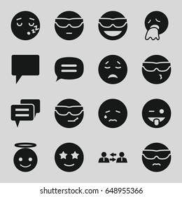 Chat icons set. set of 16 chat filled icons such as emot in sun glasses, crying emot, emoji showing tongue, emoji angel, happe emoji with star eyes, chat