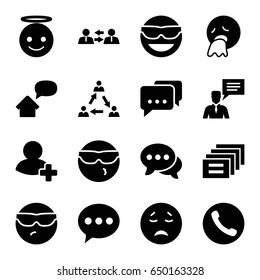 Chat icons set. set of 16 chat filled icons such as emot in sun glasses, crying emot, emoji angel, add friend, home message, communication, message