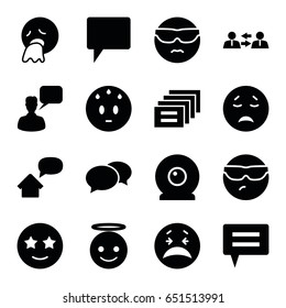 Chat icons set. set of 16 chat filled icons such as chat, chatting man, crying emot, cool emot in sunglasses, emoji angel, happe emoji with star eyes, web camera, home message