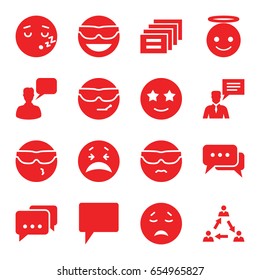 Chat icons set. set of 16 chat filled icons such as chatting man, emot in sun glasses, crying emot, emoji angel, happe emoji with star eyes, communication