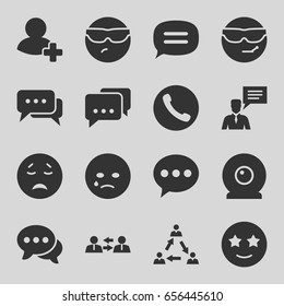 Chat icons set. set of 16 chat filled icons such as crying emot, cool emot in sunglasses, happe emoji with star eyes, add friend, web camera, communication, message