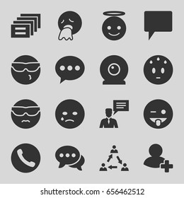 Chat icons set. set of 16 chat filled icons such as crying emot, cool emot in sunglasses, emoji showing tongue, emoji angel, add friend, web camera, communication, message