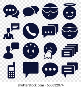 Chat icons set. set of 16 chat filled icons such as chat, phone, cool emot in sunglasses, sweating emot, emoji angel, vomiting emot, message