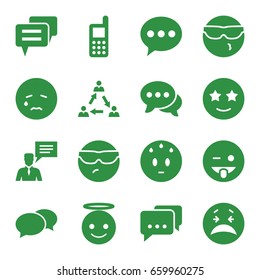 Chat icons set. set of 16 chat filled icons such as phone, crying emot, cool emot in sunglasses, emoji showing tongue, sweating emot, emoji angel, happe emoji with star eyes