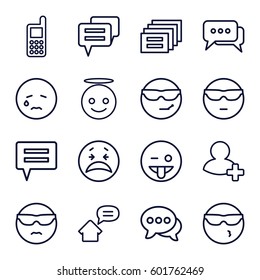 chat icons set. Set of 16 chat outline icons such as phone, chat, add friend, home message, crying emot, cool emot in sunglasses, emoji showing tongue, emoji angel