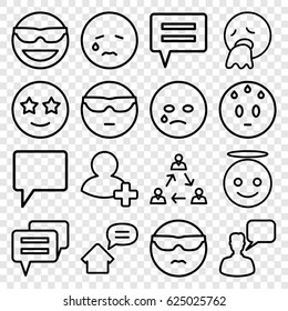 Chat icons set. set of 16 chat outline icons such as chatting man, chat, add friend, home message, emot in sun glasses, crying emot, emoji angel, happe emoji with star eyes