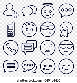 Chat icons set. set of 16 chat outline icons such as chat, phone, add friend, crying emot, cool emot in sunglasses, emoji angel