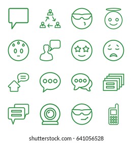 Chat icons set. set of 16 chat outline icons such as phone, chatting man, chat, web camera, home message, crying emot, cool emot in sunglasses, sweating emot, emoji angel