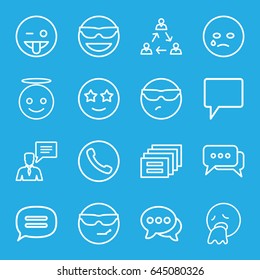 Chat icons set. set of 16 chat outline icons such as emot in sun glasses, crying emot, emoji showing tongue, emoji angel, happe emoji with star eyes, communication, message