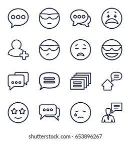 Chat icons set. set of 16 chat outline icons such as add friend, home message, emot in sun glasses, crying emot, cool emot in sunglasses, happe emoji with star eyes